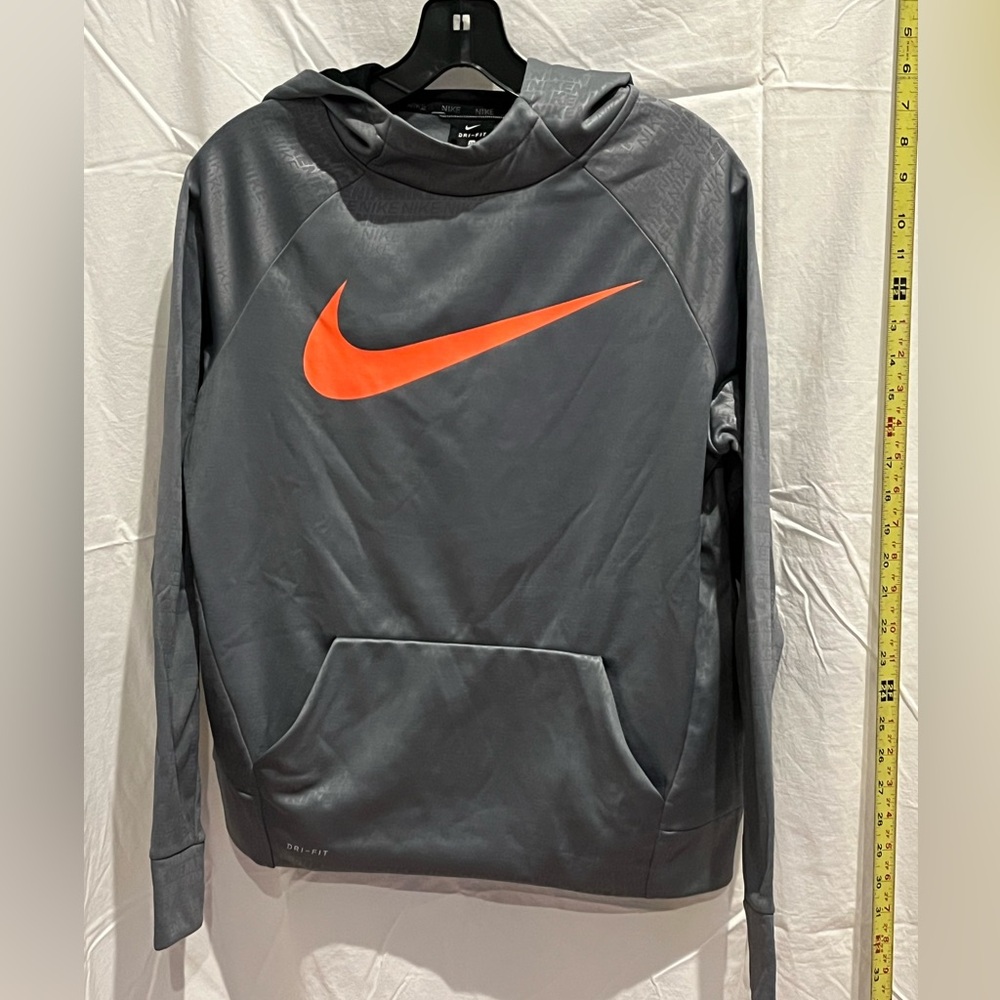 Boys Nike Charcoal Hoodie with Vibrant Orange Logo